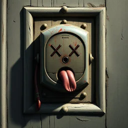 doorbell that has X's for eyes and a tongue hanging out to the side, concept art, digital art, hyperrealistic