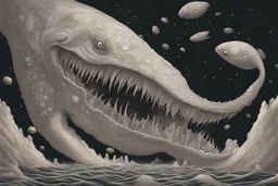 View into an event horizon in space with many enormous strange tentacled whale-like creatures with many huge faceted eyes and mouths, flying around