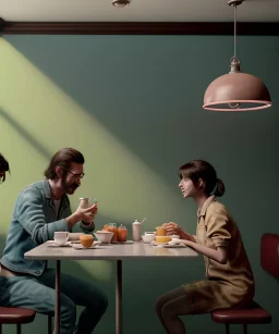 Realistic scene, man and woman sitting in cafeteria and having breakfast levitating, Wes Anderson, soft color, highly detailed, unreal engine 5, ray tracing, RTX, lumen lighting, ultra detail, volumetric lighting, 3d, finely drawn, high definition, high resolution.