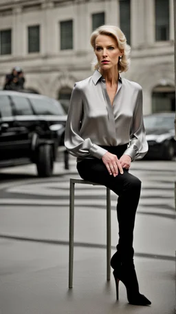 photography of a beautiful anorexic woman, silver satin blouse, megyn kelly show, black leggins