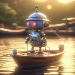 cute blessed robot fishing from a small steam boat, 8k, downlight, soft light, depth of field, photorealism, trending on art station, lotsa detail