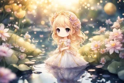 cute chibi anime princess in a flowergarden with beautiful flowers, pond, in sunshine, anime, watercolor and black in outlines, golden glitter, ethereal, cinematic postprocessing, bokeh, dof