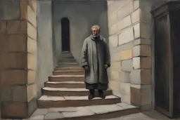 Euan Uglow-Norman Cornish oil painting, Otherworldly, a medieval monk is lost in the dark lobby labyrintic stairs library stone lobby, сute beard guy, cries suffering looks around, at the camera at half height, pastel color puffy and wool textures fashion, stormy day rainy, Cinematic lighting, Volumetric lighting, Epic composition, Photorealism, Very high detail, Bokeh blur, Sony Alpha α7, ISO1900, Character design, Unreal Engine, Octane render, HDR, By Simon Stalenhag sci-fi Art