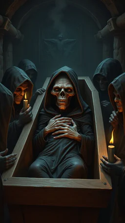 Bosch painting style, 3D ugly scary hooded creature sleeping in a coffin with hands on chest in surrounded by other hooded dark evil creatures wearing black one of them carrying a small candle in scary dark evil temple they all staring at the dead creature in the coffin