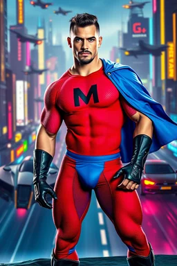 An extremely muscular, athletic man with a short, black hair, blue eyes, goatee, wearing a bright red, textured formfitting bodysuit, wearing blue trunks on the outside of the bodysuit, a black leather, knee-high black leather boots, black wrist gauntlets, blue cape, with a black Capital letter "M" on the chest, posing against a futuristic cityscape, Neon-lit, Extremely colorful, Flying cars