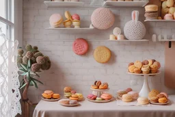 amigurumi desserts, cookies and macarons on lace tablecloth in a modern kitchen in sunshine