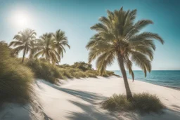 A hyper-realistic ,Beautiful shot of a palm tree on pale sand, sparkling in the sunlight next to a teal ocean, blue sky, Photo Real, HOF, full size, practicality,manufacturability,performance, (((realism, realistic, realphoto, photography, portrait, realistic, elegant, charming, apocalyptic environment, professional photographer, captured with professional DSLR camera, trending on Artstation, 64k, ultra de