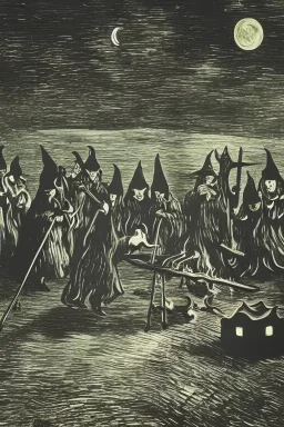 witches red hoods, dancing around a campfire, Dark night, full moon highly detailed, shadowed, salvador dali, van gogh,