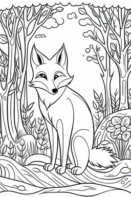 DRAW TO COLORING OF A FOX ON THE FOREST, BLACK AND WHITE CARTOON STYLE, LOW DETAILS, THICK LINES, NO SHADINGLINES