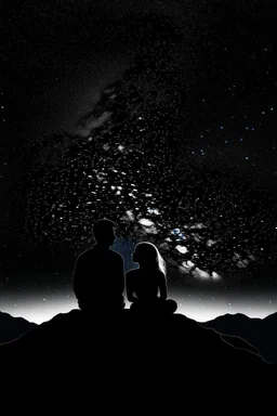 Black background on a mountaintop. A silhouette of a fit human man and a silhouette of a fit human woman sitting close to each other, looking at the stars. The man's arm is wrapped around the woman's shoulder.