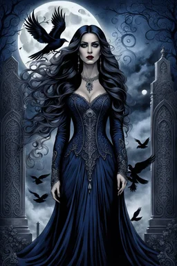 A muted dark colored gothic image of a woman with intricate sade facial features dark eyes, dressed in a deep midnight blue and grey long flowing dress with an aura of fantasy, with long dark hair, there are swirls of silver, a black raven fly around her , a full moon in the dark sky, big mist around her a tombstone, skulls, dark roses, midnight blue roses, a wrought-iron fence around the graveyard, gnarled tree near the tombstones, moonlight filtering through the trees, ethereal glow and fog