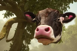 cow stuck in the top of a tree can not get down