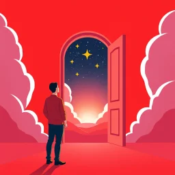 Man standing in front of an open door leading to the stars, symbolizing hope and new beginnings. The artwork features a red color scheme, simple illustration, vector art style, flat design and a bright, colorful 3D background. This professional illustration is in the style of Mandy Disher, with soft gradients and soft colors, and is high resolution.