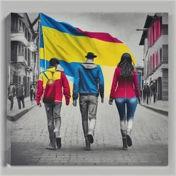 Personas hombres mujeres caminando con banderas de Colombia art retro