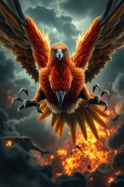 Create a ultra high definition and photorealistic image, 12k quality of a beautiful phoenix, majestic and strength showing, emphasis on texturized claws, upclose with a front view flying towards the camera, centre of an explosive and chaotic background scene of Armageddon where he is followed by demon like dark clouds in persuit trying to grab him, phoenix has striking eyes and determined look, majestic wings folded inwards in flight, bright auburn, black, white, grey and yellow colours, gothic