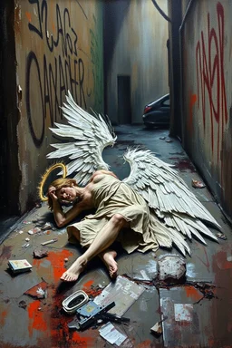 Abstract expressionism oil painting of an Urban alley grunge scene, fallen angel laying on ground in ripped robes, white stained wings, feathers misplaced, slight glowing, but broken halo. Dirty walls, graffiti in Latin, oil on the ground. Harsh shadows and goth undertones. areal view looking down , messy brush strokes, close up