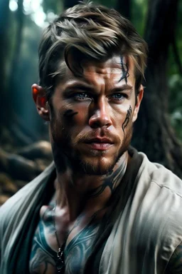 Portait young chris hemsworth as fantasy alpha werewolf in human form very muscular short cropped dark hair and stubble on chin, tribal tattoos wearing white button up shirt with rolled up sleeves realistic face, close-up, dark fantasy, fantasy forest, intricate details, hyper detailed, photograph