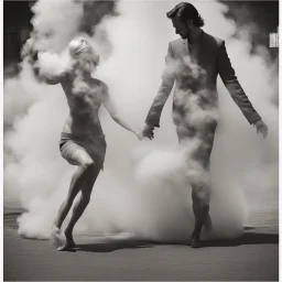 a dancing couple made of smoke, forming from a fireplace, thick smoke, puffy smoke