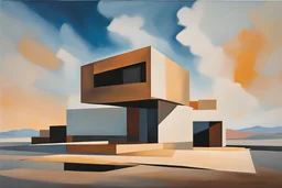 A square house embedded in a dreamy sky, modernist architecture with minimalist design and warm tones, the sunlight creating dynamic shadows on the structure, Architectural painting, acrylic on canvas, with emphasis on capturing the play of light and shadow