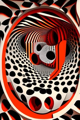 Voice bouncing around in a circular house of mirrors; Optical Art; M.C. Escher, black, white, and orange-red