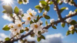 close up of an almond branch with flowers, sun, clear blue sky and clouds. high quality photo
