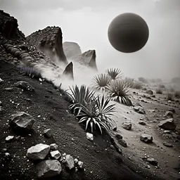 A striking quality Kodak photograph captures a wasteland with monsters and group of plants, creepy, details of the dust very accentuated, glossy organic mass, adorned with minerals and rocks. Bathed in intense light, eerie, Max Ernst style, black sun, fog