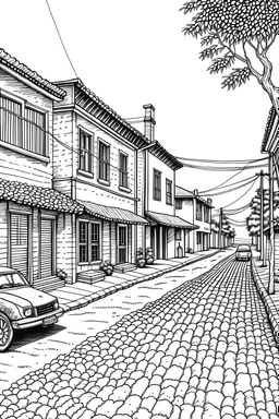 Botswana old street ,forest ,Line Drawing, A classic black-and-white line drawing style with intricate details and clean lines. The streets are depicted with precision, capturing the architectural diversity . The drawing will be realized as a traditional pen and ink illustration, with fine-tipped pens used for precise linework and shading