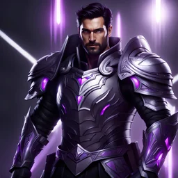 A dark-haired, ruggedly handsome man in his 30s, with glowing purple eyes, wearing heavy silver armor with purple embellishments.