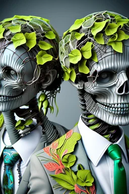 Surreal Couple Made Of Metal Skeletons With Flowering Vines Growing Through; Wearing Blue Gray Green Striped Business Suits With Paisley Shirts And Ties; Surreal, Intricately Detailed, Beautiful, Colorful