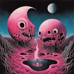 Pink Floyd "Embryo" album cover art, moon gloom strange gurgling, morbid, expansive, surrealism, creepy, artistic, by Wotto, bright vivid colors, cel shaded, reflective, sharp focus, sinister