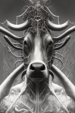 a very insane outrageous portrait of a cow in (H.R giger) style with lots of alien tenticles, being held at gun point in a (grungy toilet)::26, from new york subway, 8k