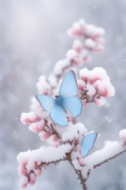 Light pink and light blue butterflies in the snowy winter
