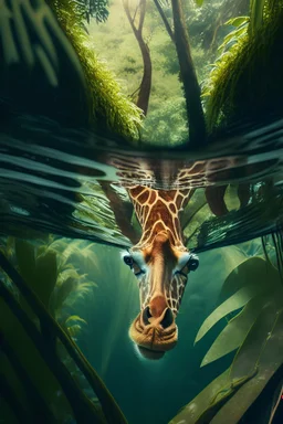 A giraffe looking down in water inside a jungle