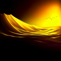 a bed flying through a dark yellow sky, golden mist, flowing fabric, night