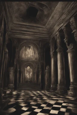 Toomb of the vampire Count Strahd Von Zarovich. Grand room, stone and marble, dark, black coffin made of polished ebony wood and brass. No windows. Perspective