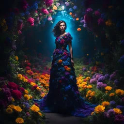 full body photo of a magical woman wearing a living dress made out of flowers in a dark mysterious place, vivid vibrant colours, volumetric lighting, sharp focus, amazing depth, creative masterwork by head of prompt engineering