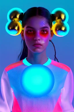 Rosalía artist, Realistic image, waist up portrait, perfect eyes, glow eye, black eye line, sweet face, pigtails hair, spray line make up, geometric, gold, big rings piercing, led ornament, bubble latex coat, inflatable, cold, led lights, geometric, neon, pink, blue, gold, vibrant color, highly detailed, art stations, concept art, smooth, unreal engine 5, god lights, ray tracing, RTX, lumen lighting, ultra detail, volumetric lighting, 3d, finely drawn, high definition, high resolution