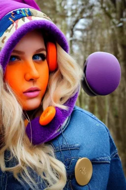 blonde taking selfie.thick thighs,thick calves,flat belly,curvy fell. big head. Mantle is sewed of upcycled Denim and sewed together of camouflage pieces. Pieces' color are orange, cream and purple. It is with big bright purple felt tippet and birght-colored-hood is merged with colorful beanie. Big colored headphones (gold rings!) is merged with small felt cap with small visor. Style: Haute Couture in 1950's Brazil, N.Y.C fashion in 2023