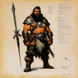 ConceptSheet: dwarf ranger with AD&D statistics [by frank frazetta]