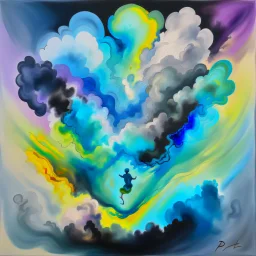 an abstract painting of a person falling, clouds, smoke, watercolour, fog, fantasy