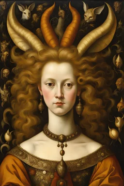 a Flemish Renaissance era oil painting of an otherworldly, richly adorned, demoness , highly detailed hair and facial features, in the style of Pieter Brueghel, Jan van Eyck, and Hieronymus Bosch, aged canvas, antique craquelure finish, archaic museum quality masterpiece, 4k