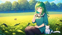 Girl, green hair, cat paws in hand, farm, sit