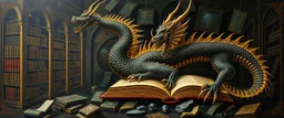 master oil painting by Escher and Giger, ancient library book dragon black and gold