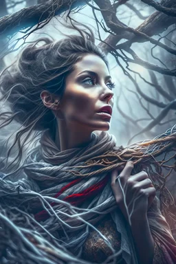 A beautiful woman is gasping for air as she is cought up in Multiple entanglements between a twisted thin piece of cloth as part of many twisted and spiraling branches disappearing into the distant mist, epic photo, sharp on highly detailed skin with wrinkles and high contrast, photorealistic, 4K, 3D, realism, hyperrealism, detail, good lighting, detailed texture, modern photography style, 3D, 4D, 4K