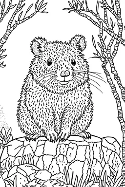 an Quokka on the rock. centered flat minimalistic black and white high contrast line drawing, coloring book style, {prompt}, (white sky, white clouds, white hair,white objects, white clothing, white fur, white skin, white terrain, white scales, white everything:1.1), blank white background.