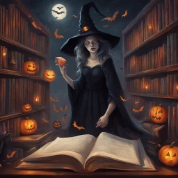 An endless library of Halloween books that float to readers on command, supervised by a witch