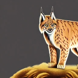 a lynx with golden fur dressed as a man standing on a mountain