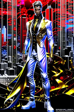 Striking hyper-realistic anime illustration of a powerful male protagonist, dressed in a white, red, black and gold outfit. Featuring obsidian patterns with gold details and the edges emit fascinating energy. Muscular physique accentuated with sleek lines and details. Futuristic cityscape background. Masterpiece of art that combines anime and science fiction aesthetics. Poster-worthy cinematic illustration. Full body