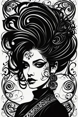 an abstract portrait of a goth punk girl from calligraphic letters, flourishes, and swirls , finely drawn and inked, in classic Arabic calligraphy, 4k, hyper detailed in