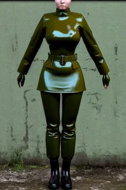 Russian military girl. Head is heavily armed with old-fashioned cameras. Army green surfaces body, latex. Perfect body, thick thighs and calves. simple face. Wide hip, skirt bleats nicely. Asa Akira. Partly symmetrical. Straitjacket. Rusty and decayed background. Steam-plunge air-bottles. Euclidean 3D-tiling walls. 5th dimensional surface structures. Oppressive atmosphere